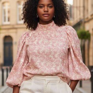 Hyacinth House Thayer Blouse Pink Toile XL NWT Balloon Sleeve